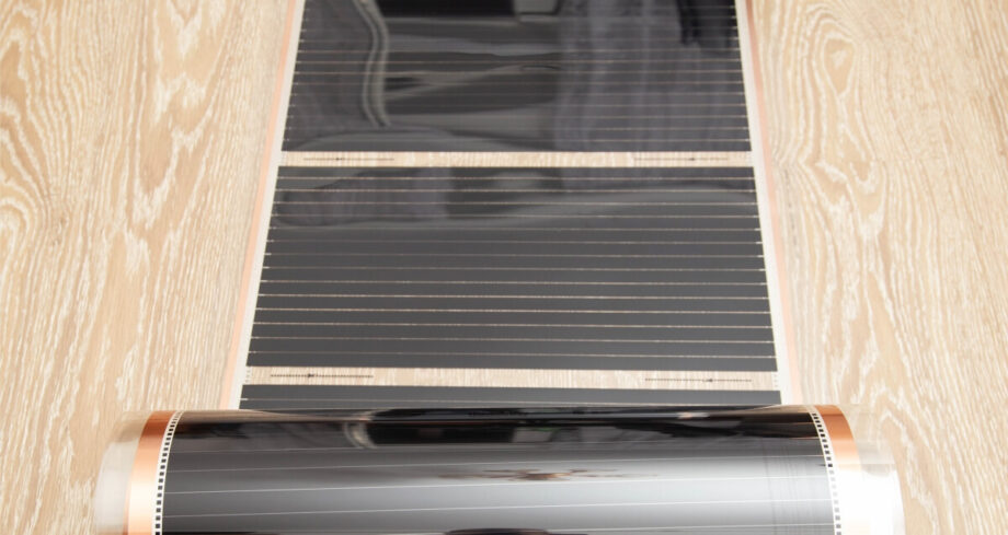 Una película calefactora está desenrollada sobre un suelo de madera clara.