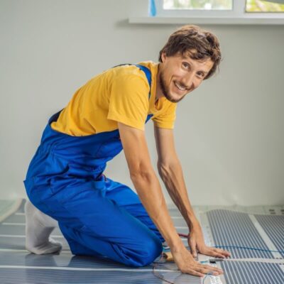 Un trabajador instala un folio radiante en el suelo de una habitación.